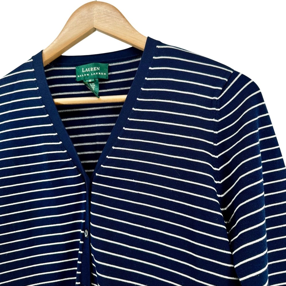 Lauren Ralph Lauren Striped Cardigan Navy Silk 3/4 Sleeve Button Front Women's M